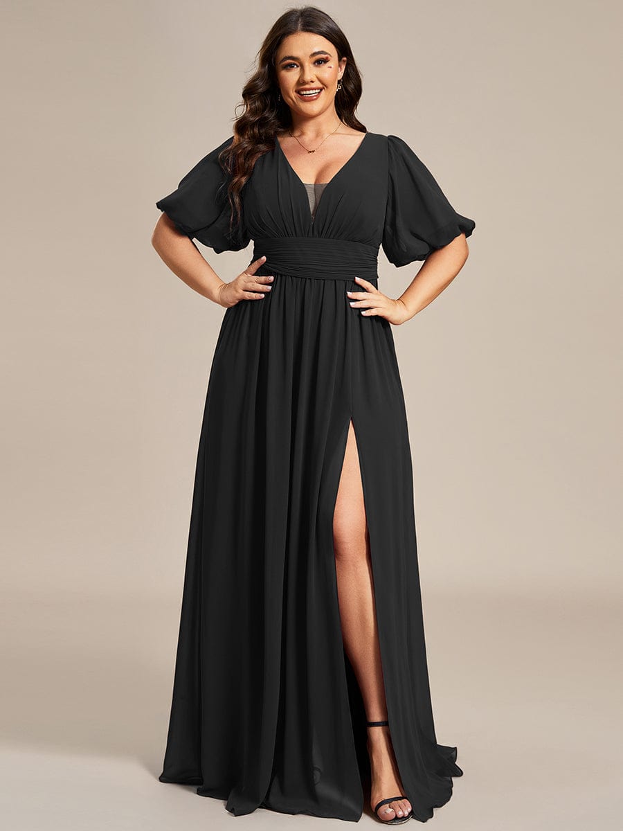 Elegant Deep V-Neck A-Line Bridesmaid Dress with Half Puff Sleeves