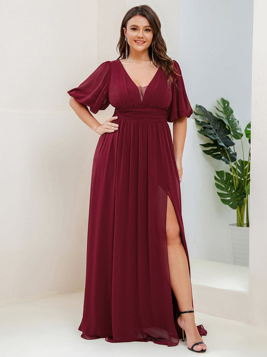 Elegant Deep V-Neck A-Line Bridesmaid Dress with Half Puff Sleeves