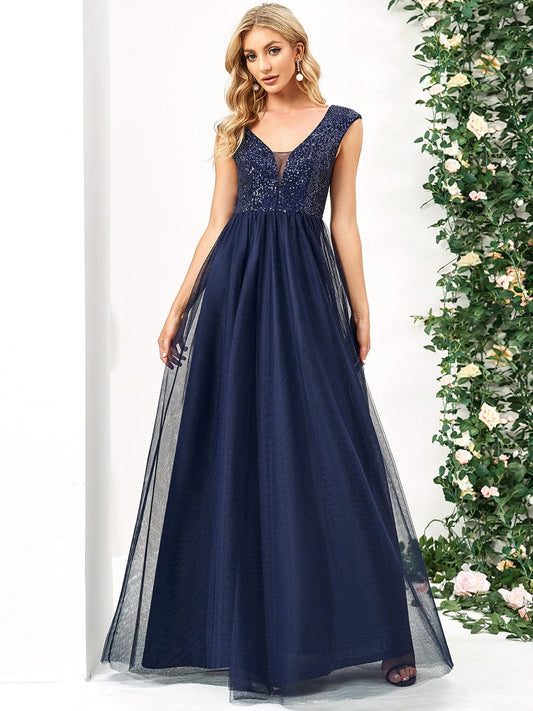 Elegant Deep V Neck A Line Evening Gown