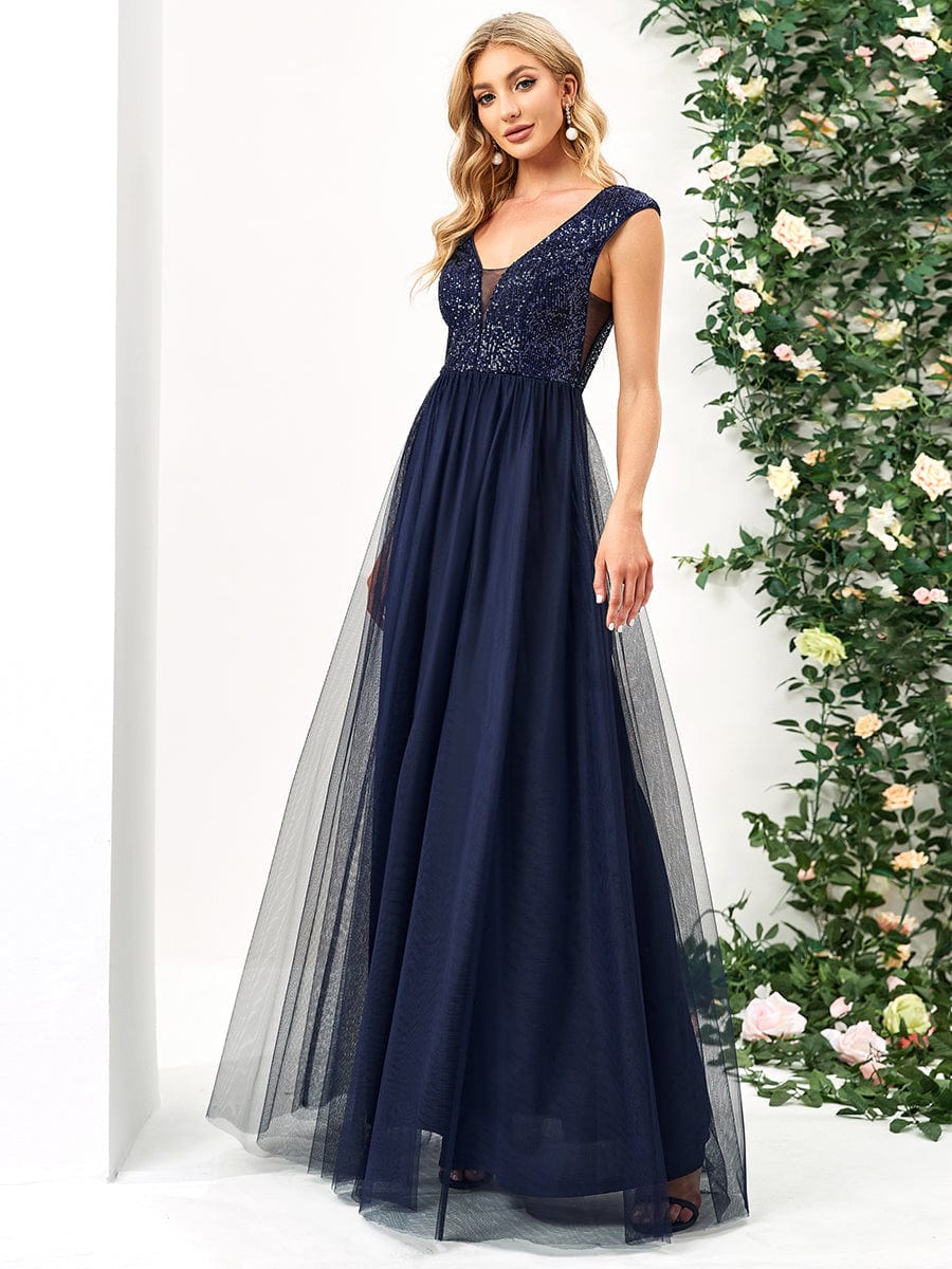 Elegant Deep V Neck A Line Evening Gown