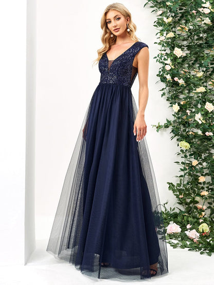Elegant Deep V Neck A Line Evening Gown