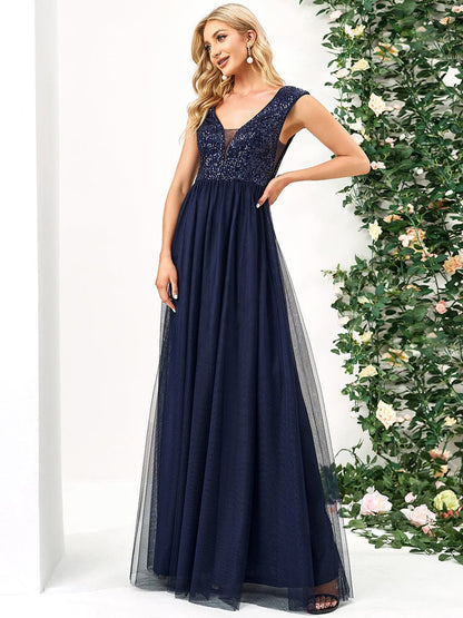 Elegant Deep V Neck A Line Evening Gown