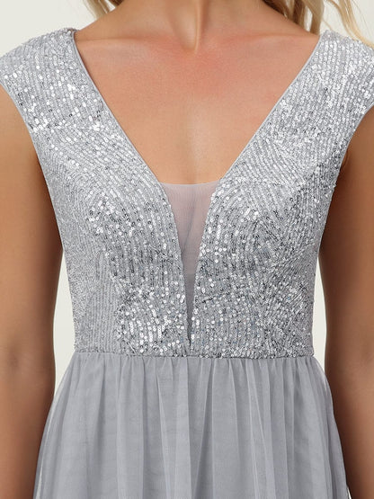 Elegant Deep V Neck A Line Evening Gown