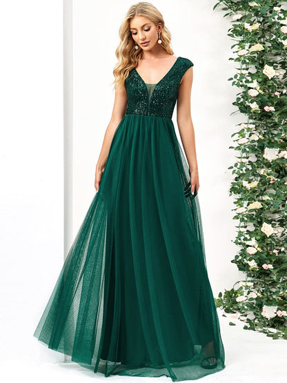Elegant Deep V Neck A Line Evening Gown