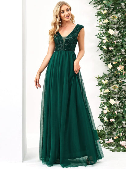 Elegant Deep V Neck A Line Evening Gown