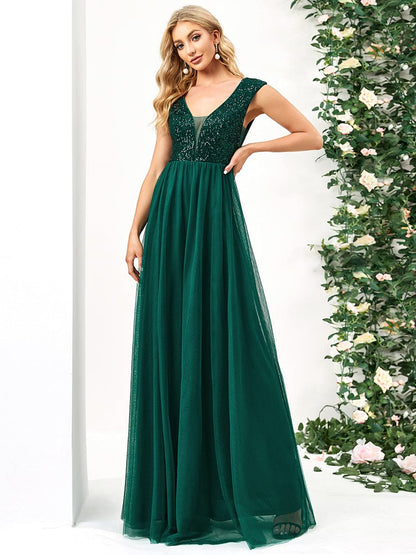 Elegant Deep V Neck A Line Evening Gown