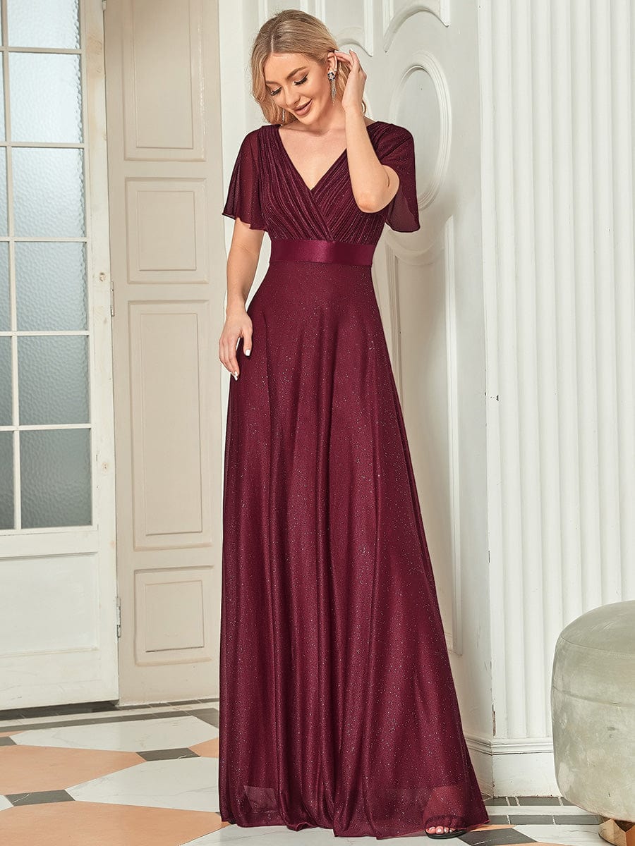 Elegant Deep V-Neck A-Line Evening Gown with Ruffled Sleeves