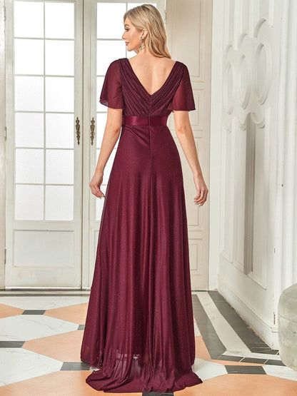 Elegant Deep V-Neck A-Line Evening Gown with Ruffled Sleeves
