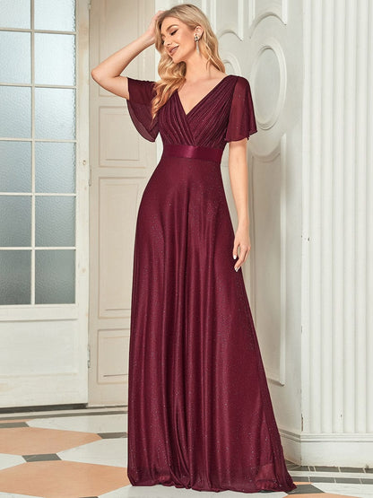 Elegant Deep V-Neck A-Line Evening Gown with Ruffled Sleeves
