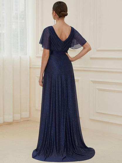 Elegant Deep V-Neck A-Line Evening Gown with Ruffled Sleeves