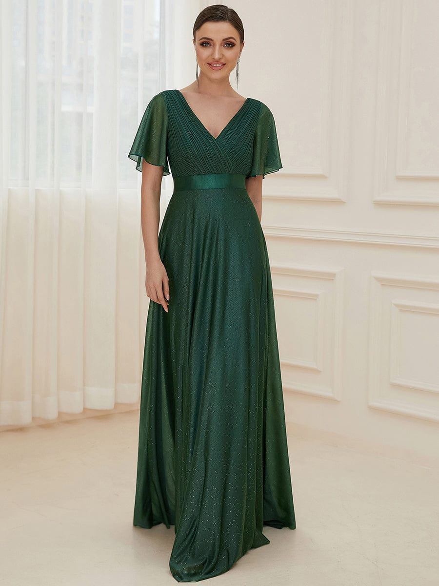 Elegant Deep V-Neck A-Line Evening Gown with Ruffled Sleeves