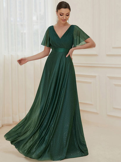Elegant Deep V-Neck A-Line Evening Gown with Ruffled Sleeves