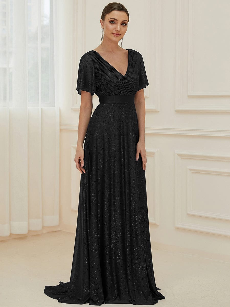 Elegant Deep V-Neck A-Line Evening Gown with Ruffled Sleeves