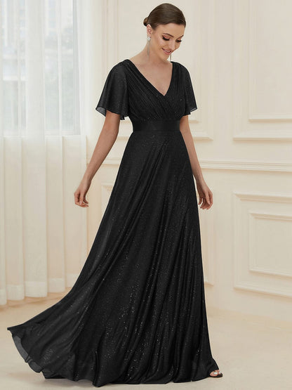 Elegant Deep V-Neck A-Line Evening Gown with Ruffled Sleeves