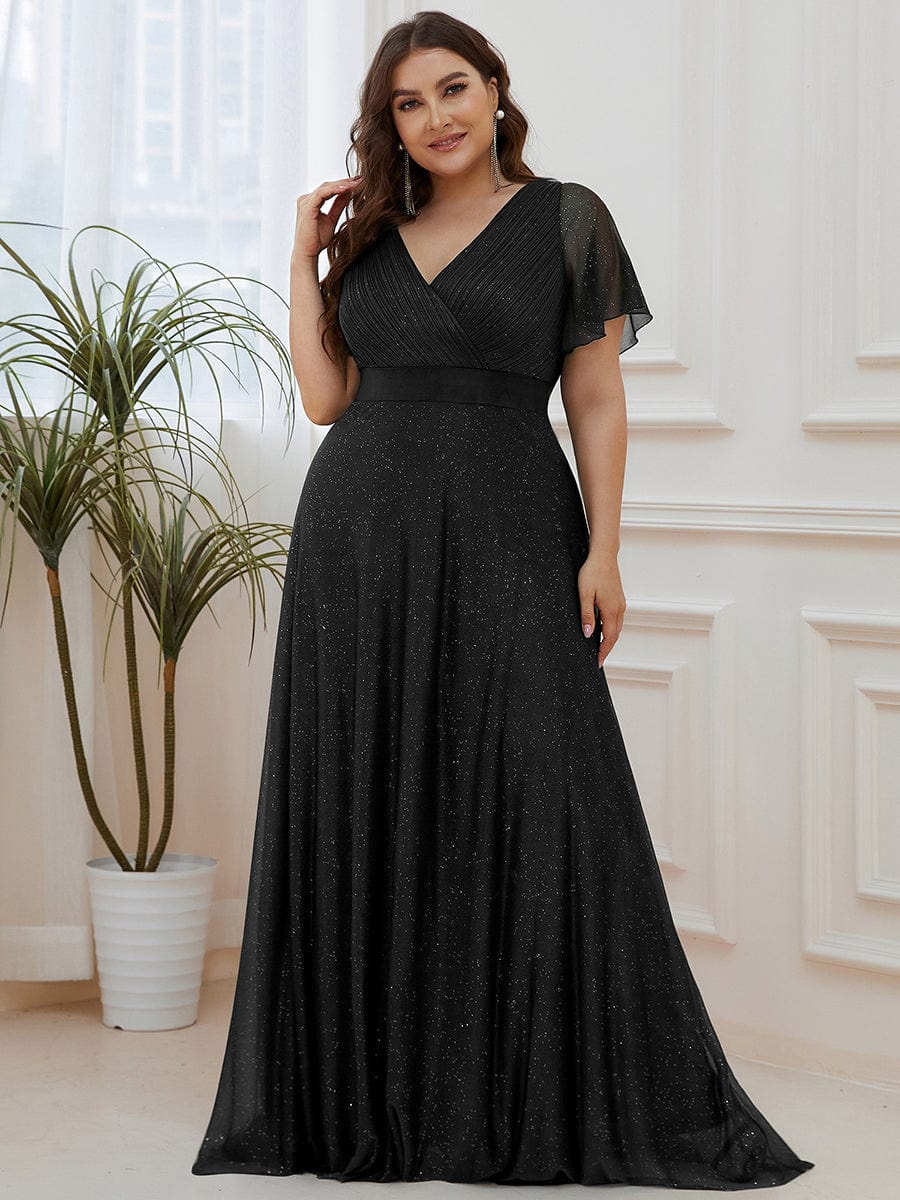 Elegant Deep V-Neck A-Line Evening Gown with Ruffled Sleeves