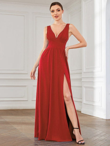 Elegant Deep V-Neck A-Line Sleeveless Bridesmaid Gown