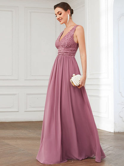 Elegant Deep V Neck A Line Sleeveless Bridesmaid Gowns