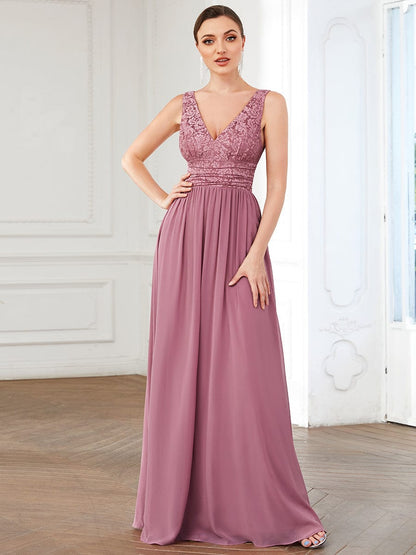 Elegant Deep V Neck A Line Sleeveless Bridesmaid Gowns
