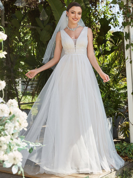 Elegant Deep V Neck A-Line Sleeveless Wedding Gown
