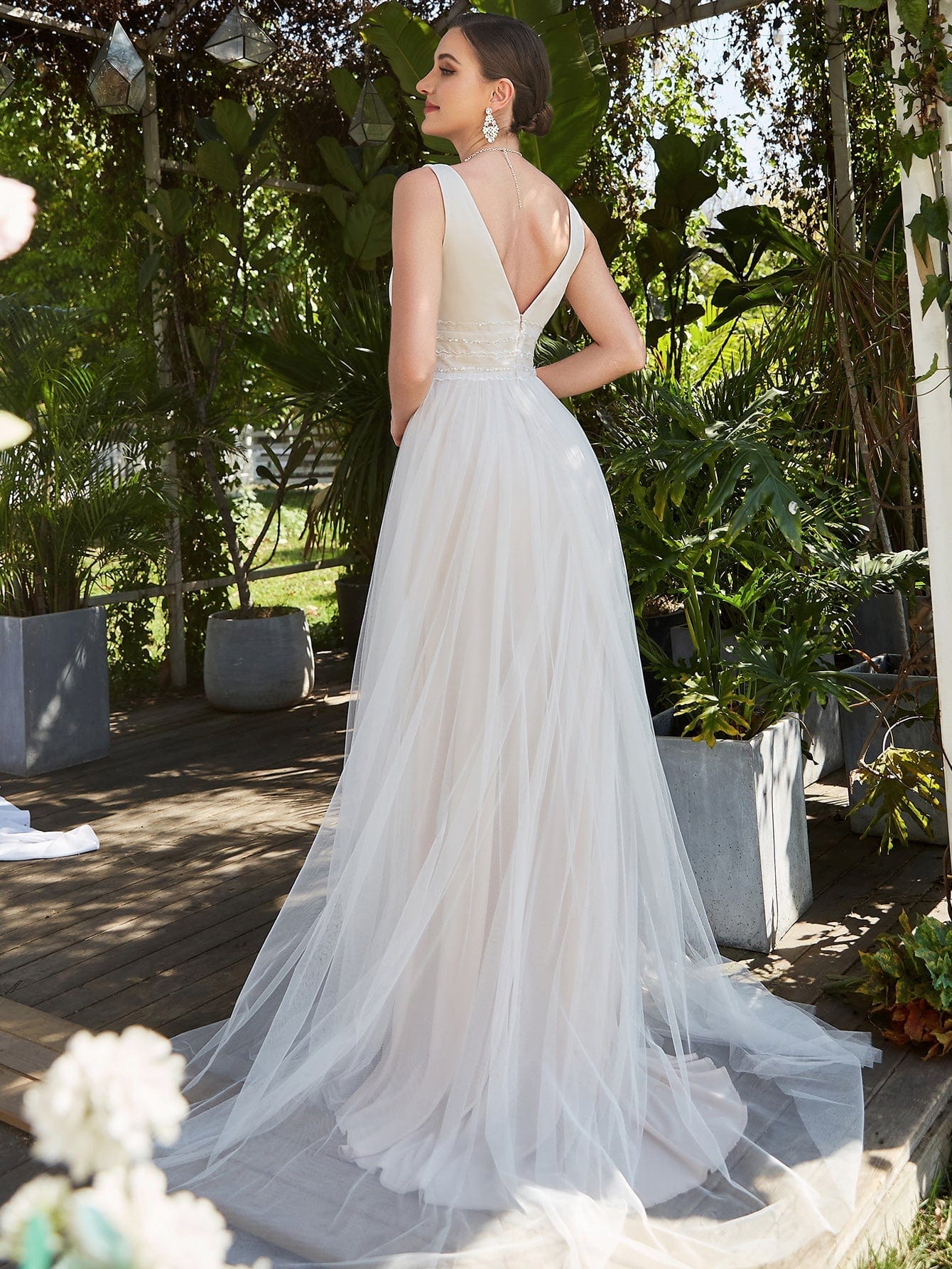 Elegant Deep V Neck A-Line Sleeveless Wedding Gown