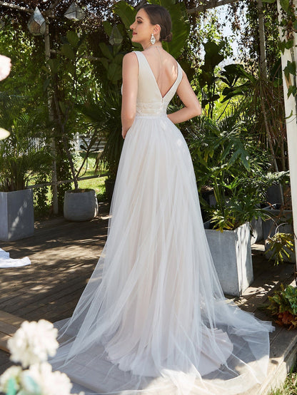 Elegant Deep V Neck A-Line Sleeveless Wedding Gown