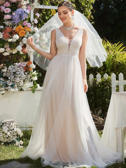 Elegant Deep V Neck A-Line Sleeveless Wedding Gown