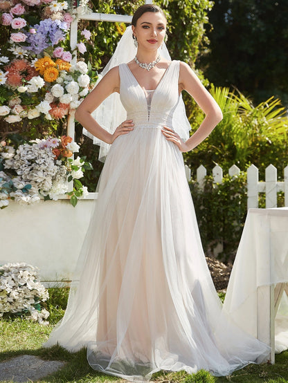 Elegant Deep V Neck A-Line Sleeveless Wedding Gown