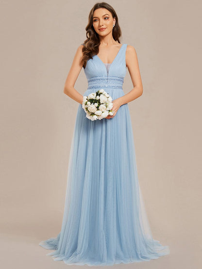 Elegant Deep V Neck A-Line Sleeveless Wedding Gown