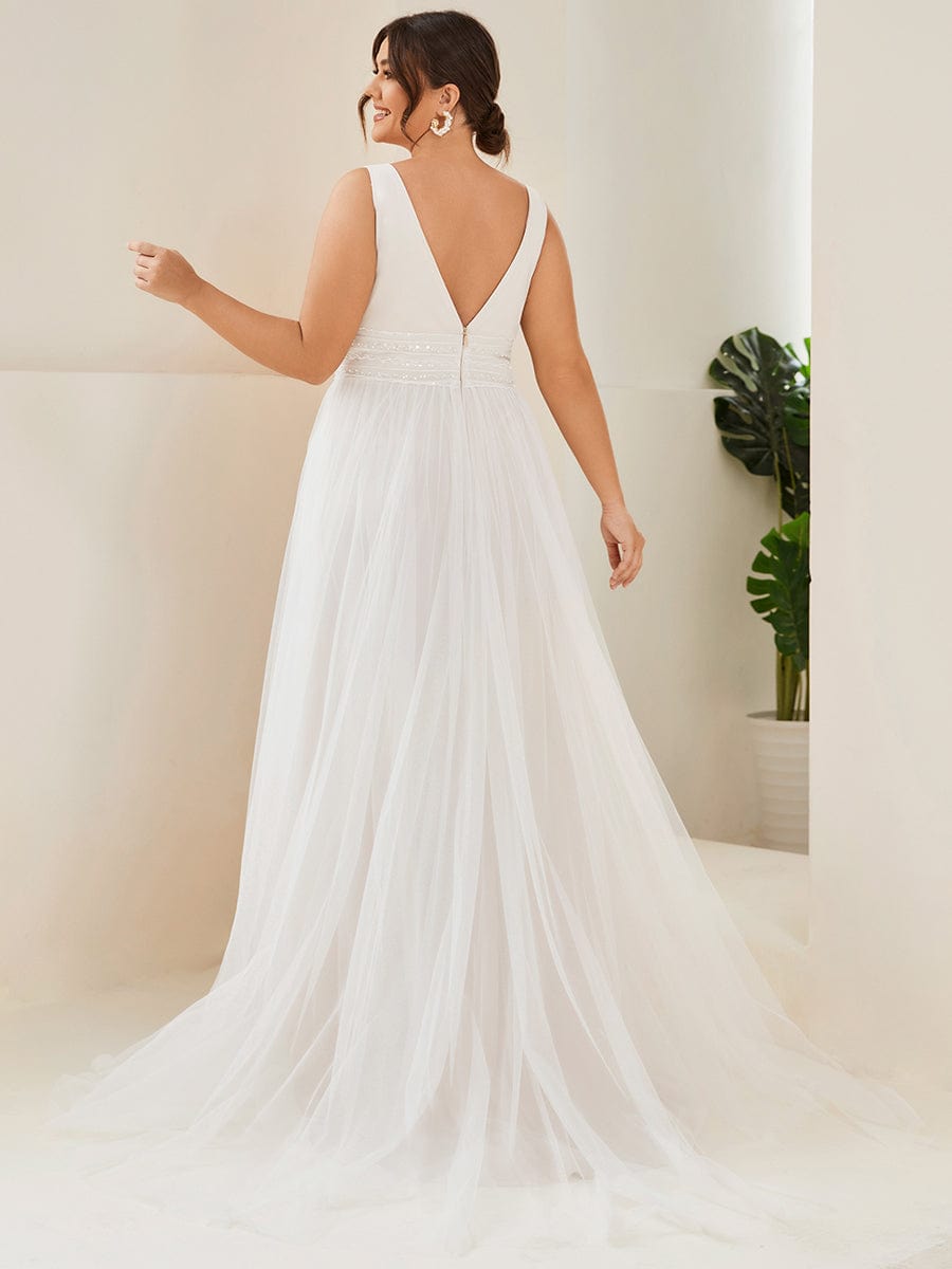 Elegant Deep V-Neck A-Line Sleeveless Wedding Gown for Plus Size Brides