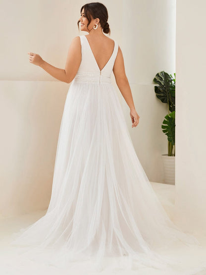 Elegant Deep V-Neck A-Line Sleeveless Wedding Gown for Plus Size Brides
