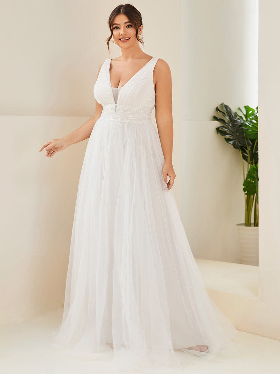 Elegant Deep V-Neck A-Line Sleeveless Wedding Gown for Plus Size Brides