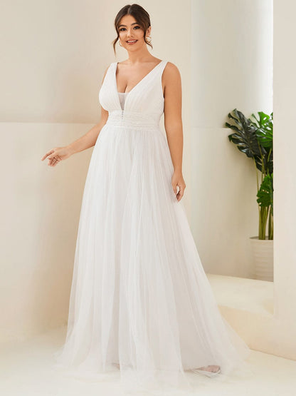 Elegant Deep V-Neck A-Line Sleeveless Wedding Gown for Plus Size Brides