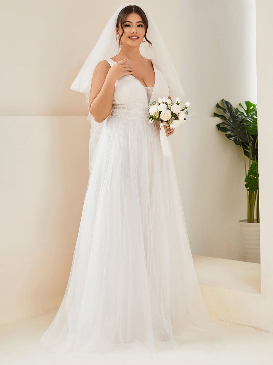 Elegant Deep V-Neck A-Line Sleeveless Wedding Gown for Plus Size Brides