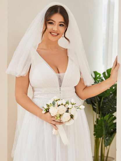 Elegant Deep V-Neck A-Line Sleeveless Wedding Gown for Plus Size Brides