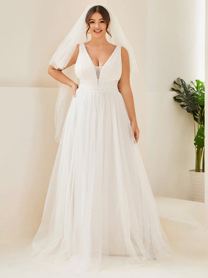 Elegant Deep V-Neck A-Line Sleeveless Wedding Gown for Plus Size Brides