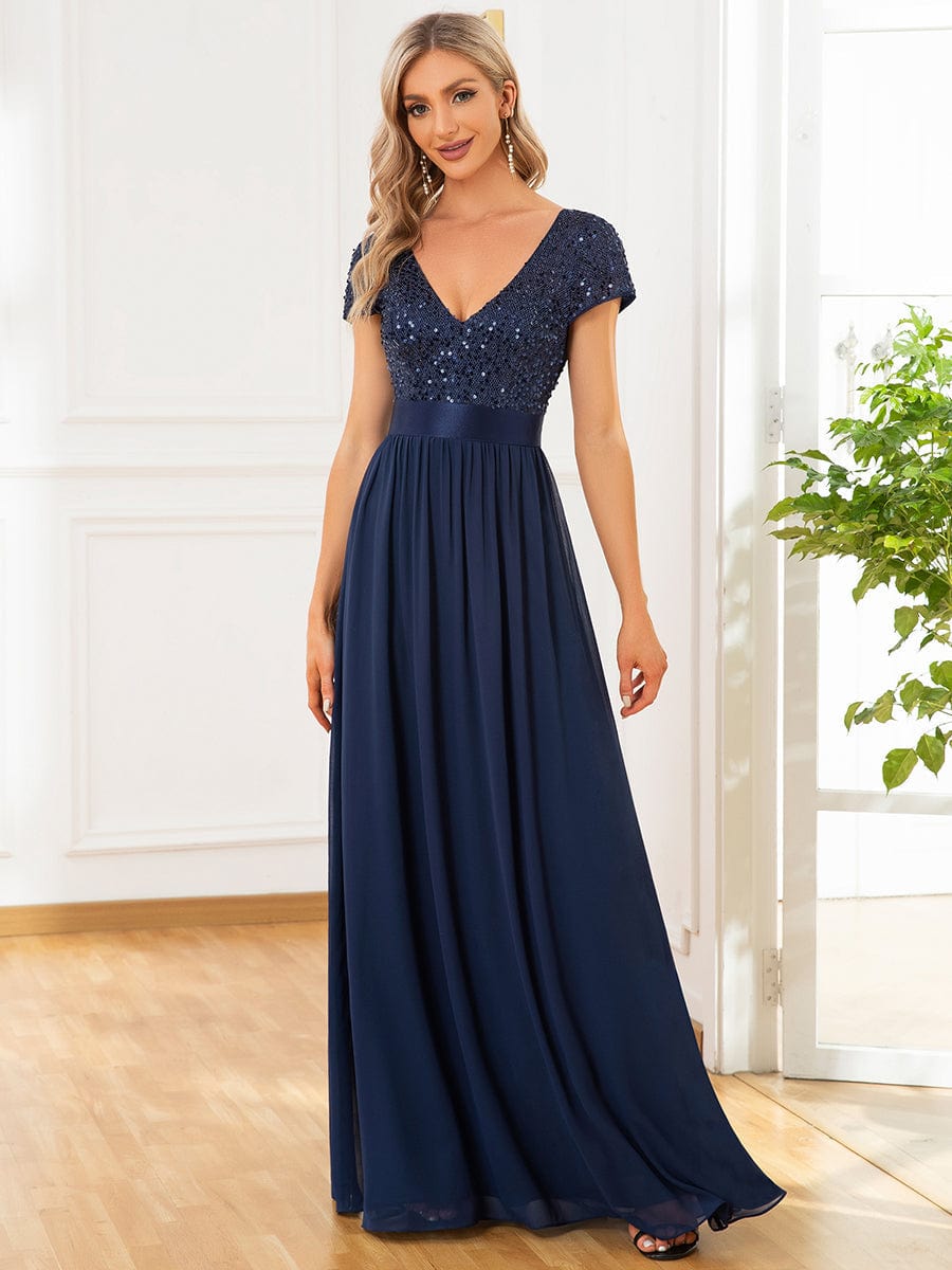 Elegant Deep V-Neck Evening Dress with Short Sleeves