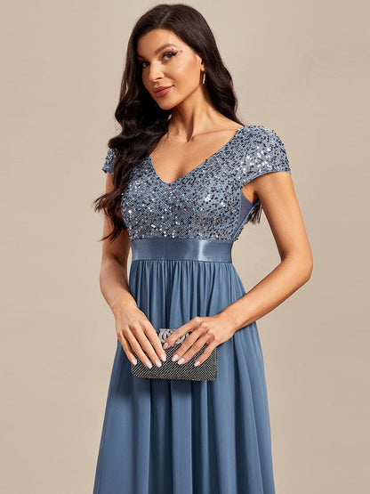 Elegant Deep V-Neck Evening Dress with Short Sleeves