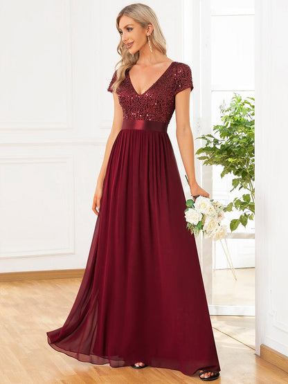 Elegant Deep V-Neck Evening Dress with Short Sleeves