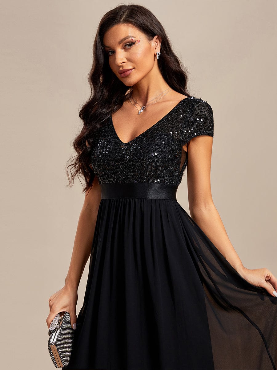 Elegant Deep V-Neck Evening Dress with Short Sleeves