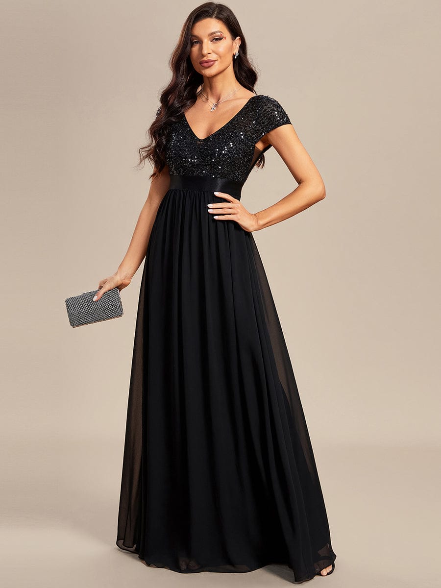 Elegant Deep V-Neck Evening Dress with Short Sleeves