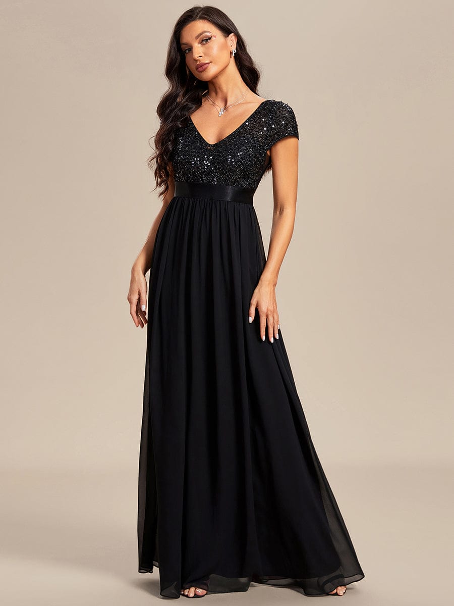 Elegant Deep V-Neck Evening Dress with Short Sleeves