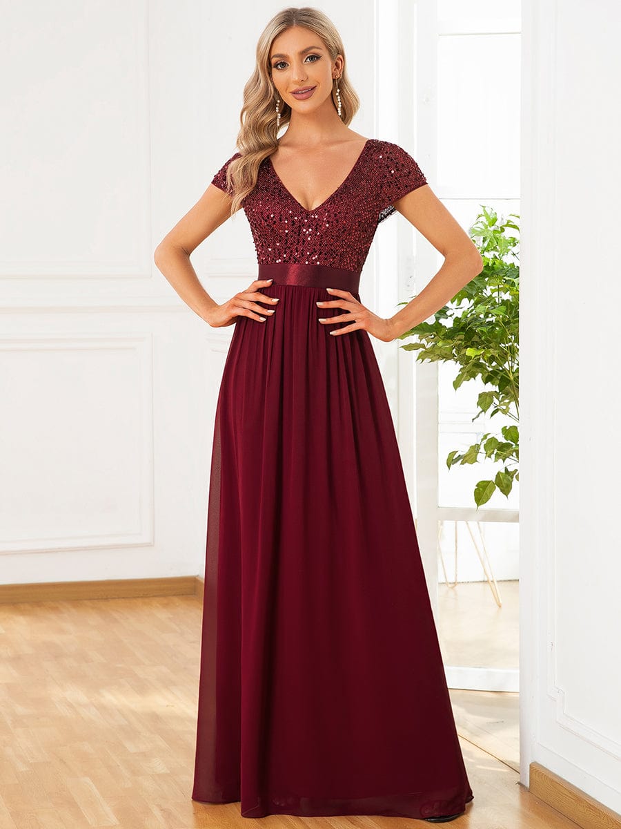Elegant Deep V-Neck Evening Dress with Short Sleeves