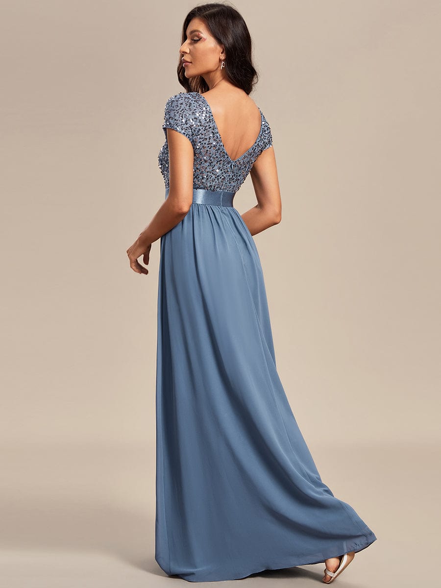 Elegant Deep V-Neck Evening Dress with Short Sleeves