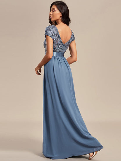 Elegant Deep V-Neck Evening Dress with Short Sleeves
