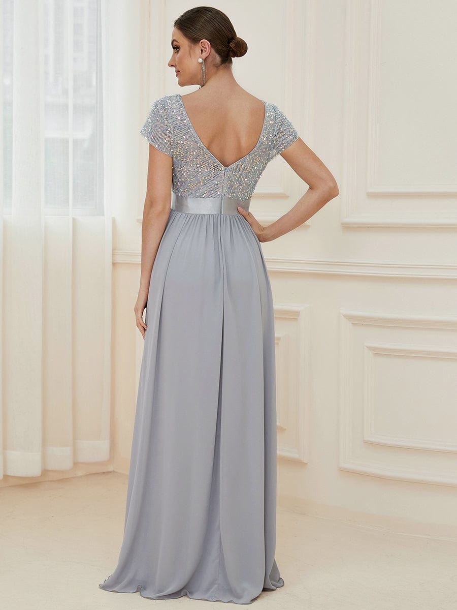 Elegant Deep V-Neck Evening Dress with Short Sleeves
