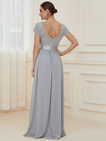 Elegant Deep V-Neck Evening Dress with Short Sleeves
