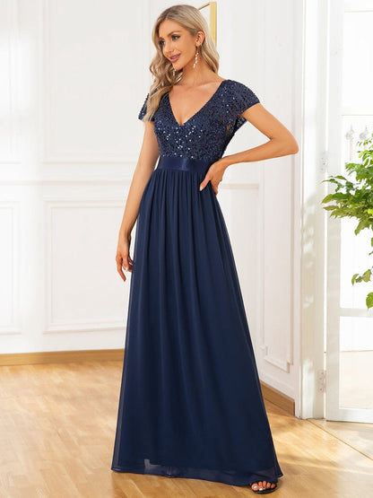 Elegant Deep V-Neck Evening Dress with Short Sleeves