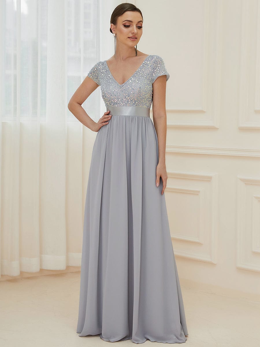 Elegant Deep V-Neck Evening Dress with Short Sleeves