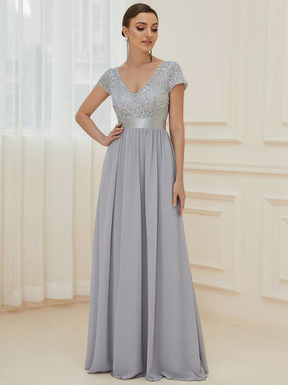 Elegant Deep V-Neck Evening Dress with Short Sleeves
