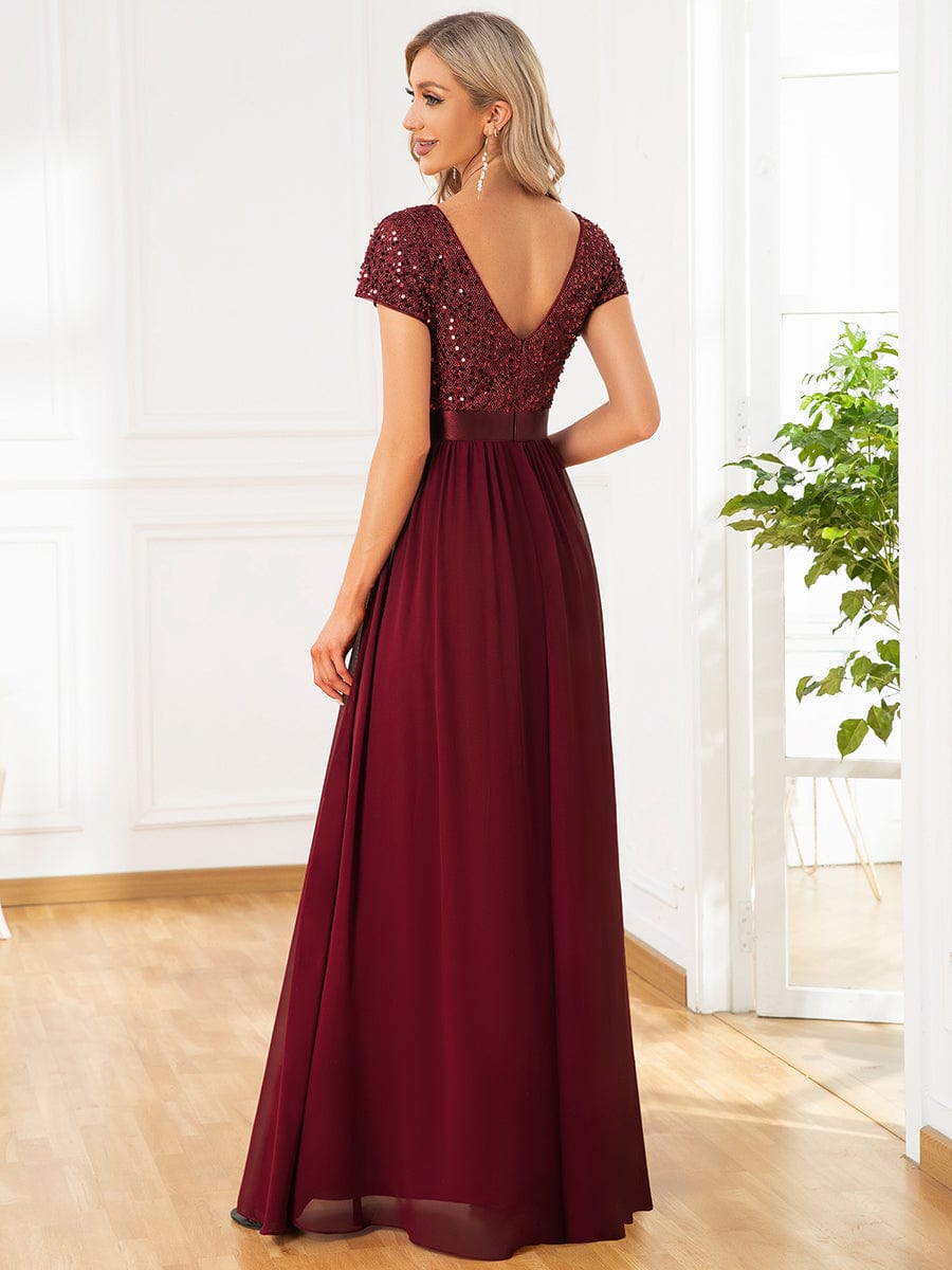 Elegant Deep V-Neck Evening Dress with Short Sleeves